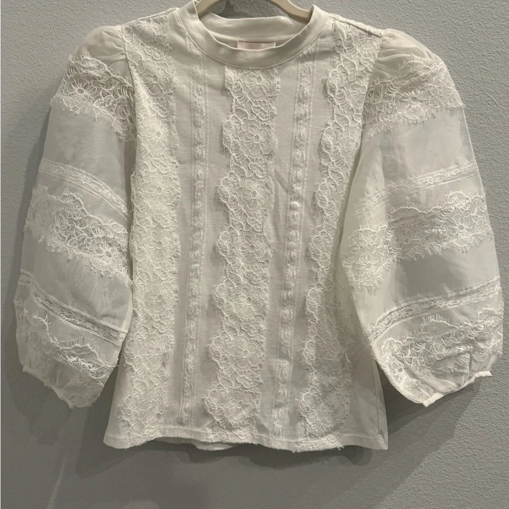 NWT Cinq à Sept White Lace Stefania Trim Shirt 3/4 Sleeve Blouse Size XS - Picture 5 of 12